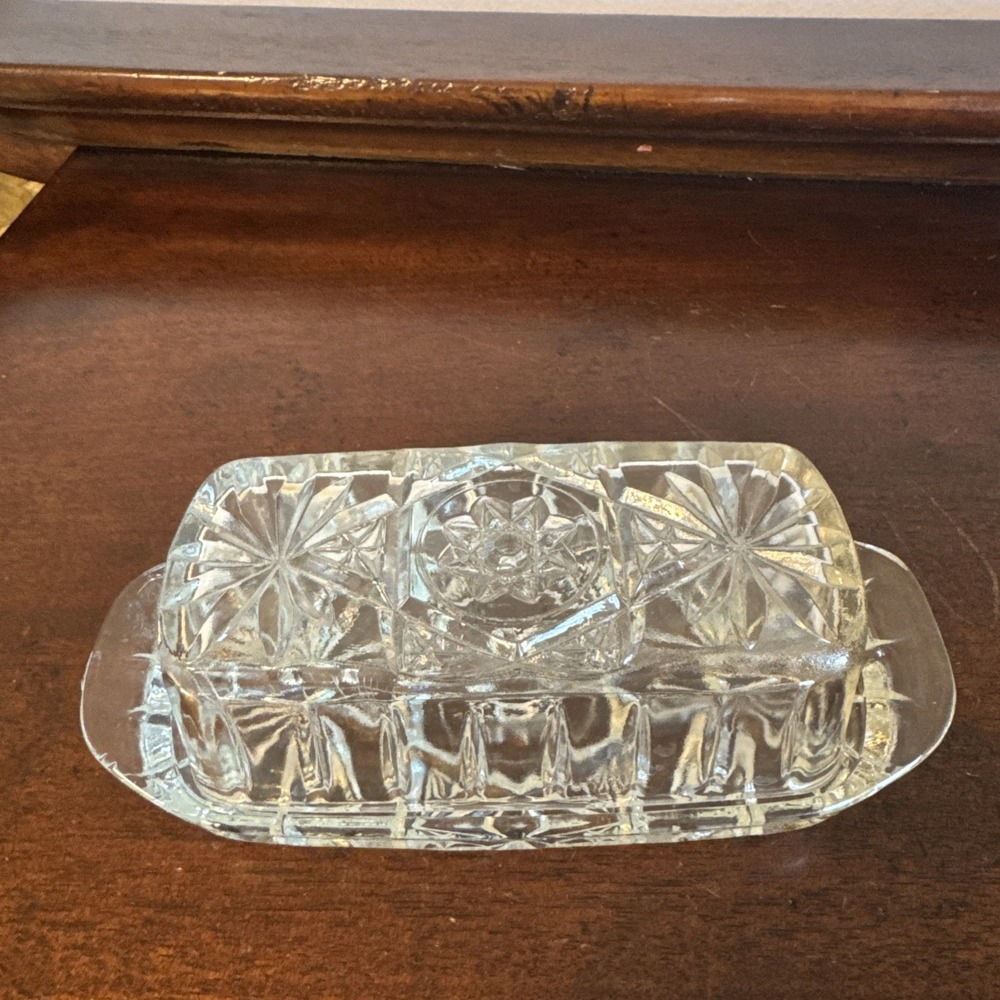 VTG Anchor Hocking Early American Prescut Glass Butter Dish Star of David EAPC